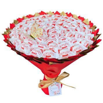 Prezent na 60 Urodziny lub Rocznicę Ślubu, Imeniny, Ślub, Wesele, Emerytura. Słodki bukiet ze słodyczy Raffaello (60 szt) bgs026 czerwony i złoty f33 zdjęcie