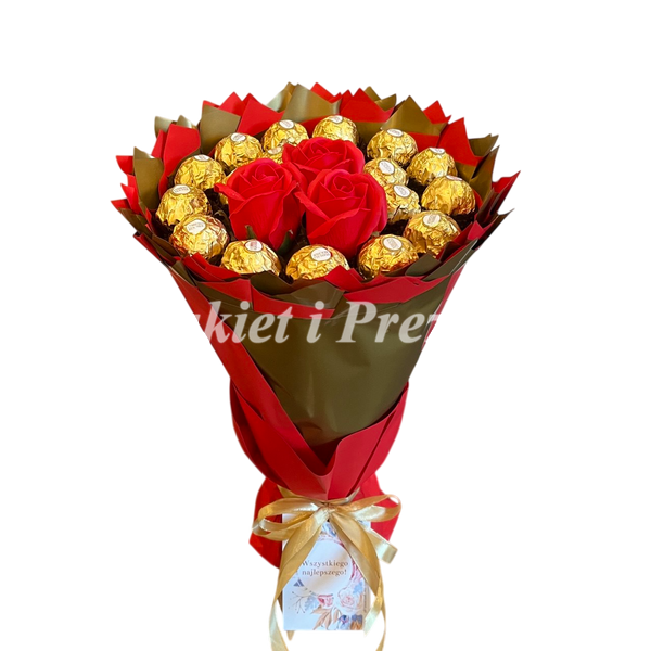 Подарочный набор из сладостей Ferrero Rocher 18 шт и мыльные вечные розы 3 шт, красно-золотой bgs032 czerwony i złoty фото