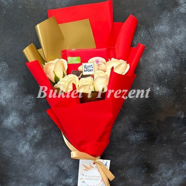Zestaw prezentowy &ndash; bukiet z 5 mydlanych wiecznych r&oacute;ż i czekolada Ritter Sport, czerwono-złoty bgs001 czerwony i złoty zdjęcie