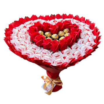 Prezent na 40 50 55 65 Urodziny lub Rocznicę Ślubu, Imeniny, Ślub, Wesele. DUŻY MEGA BUKIET dla kobiety mamy w kształcie serca z cukierkami Raffaello i Ferrero Rocher (rozmiar serca 45 cm * 38 cm)  bgs010 zdjęcie