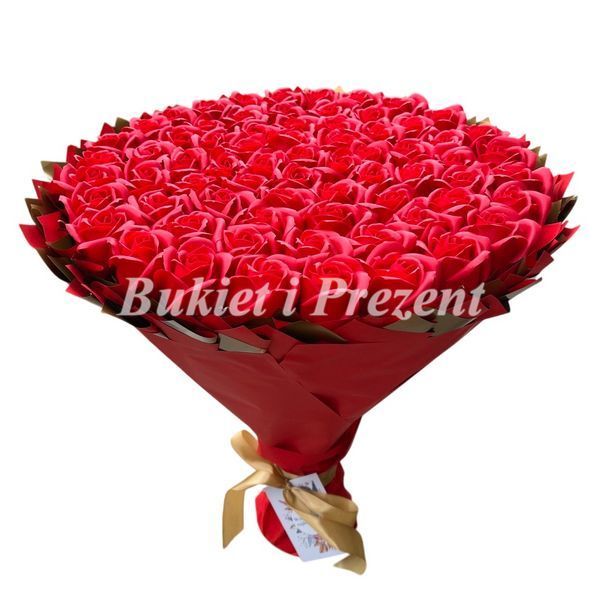 Prezent na 70 Urodziny lub Rocznicę Ślubu, Ślub, Wesele. DUŻY MEGA BUKIET mydlany kwiaty mydlane r&oacute;że 70 szt. Imeniny, Ślub bg007 czerwony i złoty (70 r&oacute;ż / f37) zdjęcie