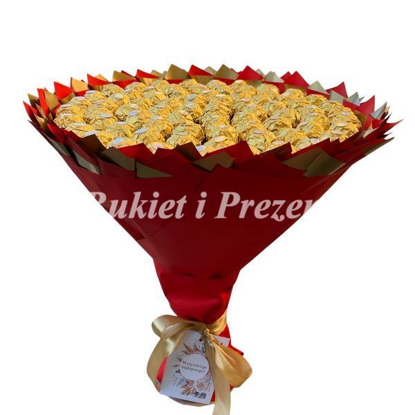 Prezent na 75 urodziny lub Rocznicę Ślubu, Imeniny, Ślub, Wesele. Słodki Mega Bukiet ze słodyczy Ferrero Rocher (75 sztuk cukierk&oacute;w) bgs041 czerwony F33 75  zdjęcie