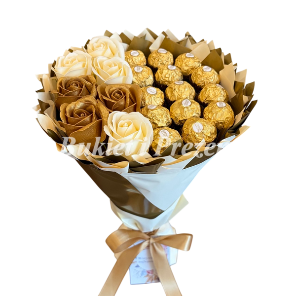 Słodki bukiet beżowy i złoty ze słodyczy Ferrero Rocher i 7 mydlanych r&oacute;ż (średnica 20 cm) bgs033 beżowy i złoty zdjęcie