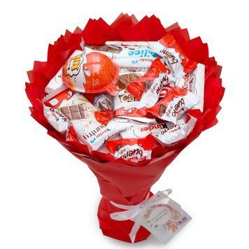 Słodki bukiet czerwony i beżowy ze slodyczy Kinder. Prezent Komunia (średnica 20 cm) bgs022 zdjęcie