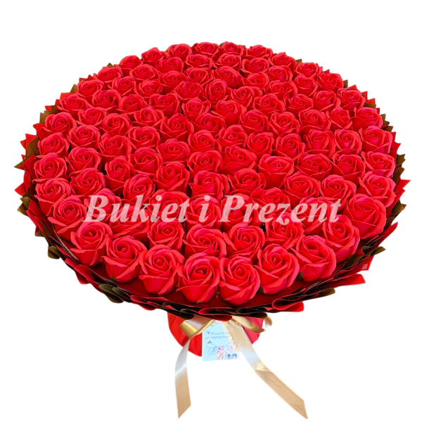 BUKIET 101 CZERWONYCH R&Oacute;Ż MYDLANYCH DLA DZIEWCZYNY KOBIETY DUŻY MEGA PREZENT NA URODZINY ROCZNICĘ ŚLUBU PREMIUM Z DOSTAWĄ FLOWER BOX mydlany kwiaty mydlane r&oacute;że bg010 czerwony i złoty zdjęcie
