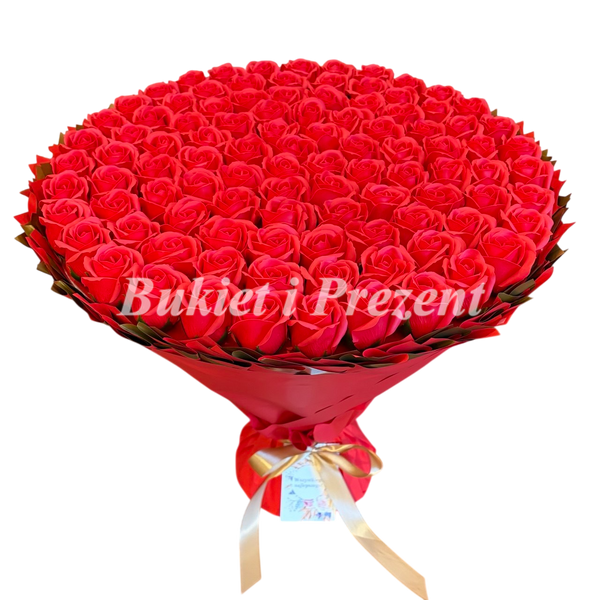 BUKIET 101 CZERWONYCH R&Oacute;Ż MYDLANYCH DLA DZIEWCZYNY KOBIETY DUŻY MEGA PREZENT NA URODZINY ROCZNICĘ ŚLUBU PREMIUM Z DOSTAWĄ FLOWER BOX mydlany kwiaty mydlane r&oacute;że bg010 czerwony i złoty zdjęcie