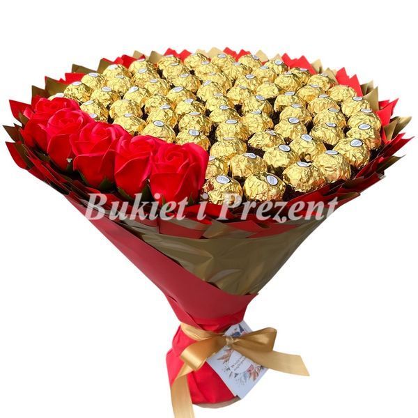 Подарунок на 70-річний ювілей солодкий букет з цукерок Ferrero Rocher 70 шт і мильних троянд bgs048 (70+5 / f33) czerwony фото