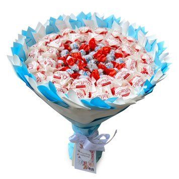 Zestaw prezentowy &ndash; bukiet ze słodyczy Kinder Schoko Bons 27 szt i Raffaello 30 szt, jasny niebieski bds018 biały i niebieski zdjęcie