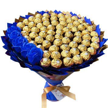 Prezent na 70 Urodziny lub Rocznicę Ślubu, Imeniny, Ślub, Wesele. Słodki Mega Bukiet ze słodyczy Ferrero Rocher 70 szt i mydlanych r&oacute;ż bgs048 (70+5 / f33) granatowy zdjęcie