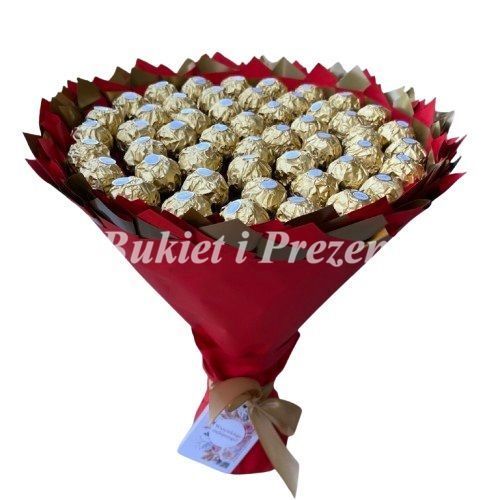 Prezent na 50 urodziny lub Rocznicę Ślubu, Imeniny, Ślub, Wesele. Słodki bukiet ze słodyczy Ferrero Rocher (50 sztuk cukierk&oacute;w) bgs043 czerwony F29 50 zdjęcie