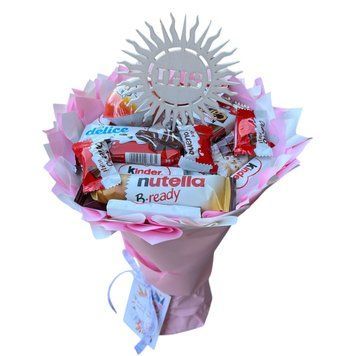 Słodki bukiet r&oacute;żowo-biały ze slodyczy Kinder. Prezent Komunia (średnica 20 cm) bgs022 r&oacute;żowy i biały zdjęcie