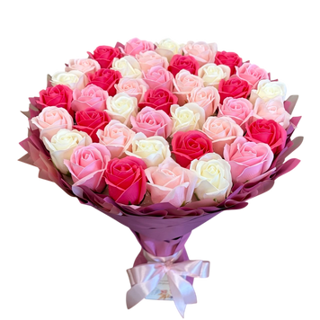 Prezent na 40 Urodziny lub Rocznicę Ślubu, Imeniny, Ślub, Wesele. Bukiet mydlany kwiaty mydlane r&oacute;że 40 szt.  bg004 f29 40szt r&oacute;żowy mix 65+14 zdjęcie