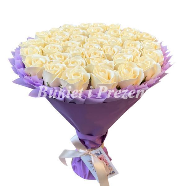 Prezent na 50 Urodziny lub Rocznicę Ślubu, Imeniny, Ślub, Wesele. Bukiet mydlany kwiaty mydlane r&oacute;że 50 szt. Komunia bg005 Kość Słoniowa f33 50szt zdjęcie