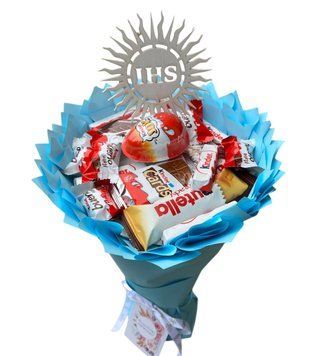 Słodki bukiet niebieski ze slodyczy Kinder. Prezent Komunia (średnica 20 cm) bgs022 niebieski zdjęcie