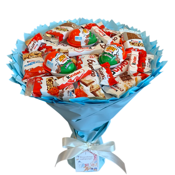 Słodki bukiet niebieski na urodziny ze slodyczy Kinder. Prezent Komunia (średnica 30 cm) bgs019 niebieski zdjęcie