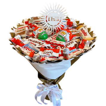Słodki bukiet biały i złoty na urodziny ze slodyczy Kinder. Prezent Komunia (średnica 30 cm). Komunia bgs019 biały i złoty zdjęcie
