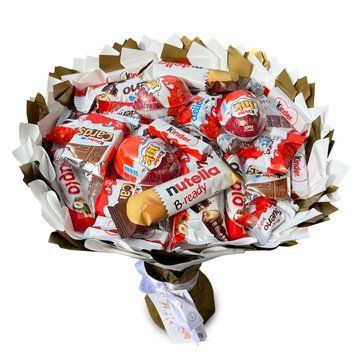 Słodki bukiet biały i złoty na urodziny ze slodyczy Kinder. Prezent Komunia (średnica 30 cm). Komunia bgs019 biały i złoty zdjęcie