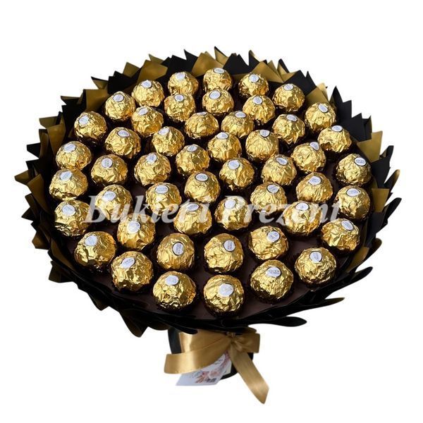 Prezent na 50 urodziny lub Rocznicę Ślubu, Imeniny, Ślub, Wesele. Słodki bukiet ze słodyczy Ferrero Rocher (50 sztuk cukierk&oacute;w) bgs043 (ф=29) (50 szt) czarny i złoty zdjęcie