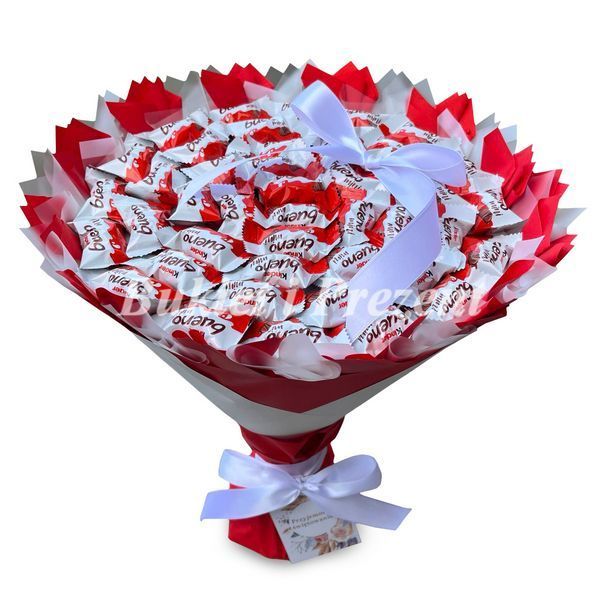 Prezent na 18 45 Urodziny lub Rocznicę Ślubu Zwiazku Słodki bukiet dla dzieci czerwony i biały ze slodyczy Kinder Bueno Mini dla dziecka bds019 czerwony i biały zdjęcie