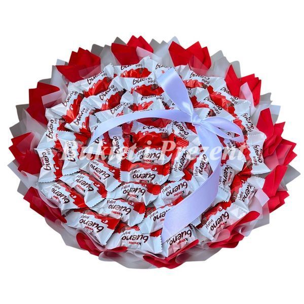 Prezent na 18 45 Urodziny lub Rocznicę Ślubu Zwiazku Słodki bukiet dla dzieci czerwony i biały ze slodyczy Kinder Bueno Mini dla dziecka bds019 czerwony i biały zdjęcie