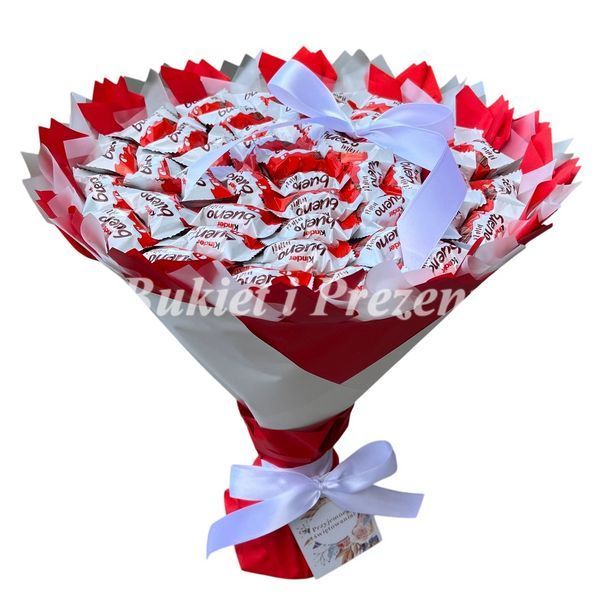 Prezent na 18 45 Urodziny lub Rocznicę Ślubu Zwiazku Słodki bukiet dla dzieci czerwony i biały ze slodyczy Kinder Bueno Mini dla dziecka bds019 czerwony i biały zdjęcie
