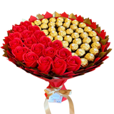 Солодкий їстівний букет червоно-золотий Ferrero Rocher 42 шт та 18 шт мильних троянд Подарунок на 60 років bgs036 czerwony i złoty (42+18r&oacute;ż / f33) фото