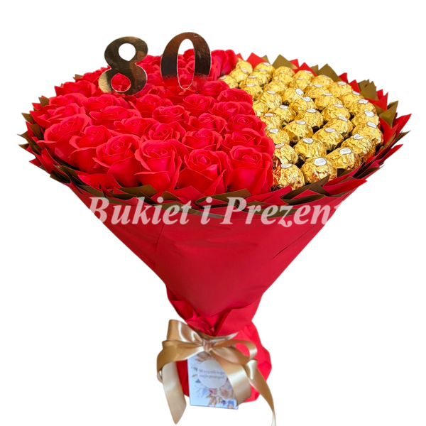 Zestaw prezentowy ze słodyczy Ferrero Rocher 40 szt i mydlane wieczne r&oacute;że 40 szt, czerwono-złoty bgs055 (40r&oacute;ż+40ferr / F37) czerwony i złoty zdjęcie