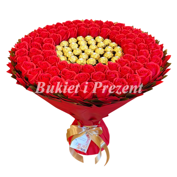 Подарочный набор из сладостей Ferrero Rocher 37 шт и мыльные вечные розы 80 шт, красно-золотой bgs058 (80r&oacute;ż + 37ferr / F48) czerwony i złoty фото