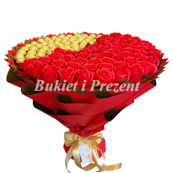 Солодкий їстівний червоно-золотий Мега Дужий Букет з Ferrero Rocher та 60 шт мильних троянд. Подарунок на 60 років bgs052 czerwony (f48 / 60+60) фото