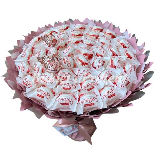 Słodki jadalny bukiet kolory r&oacute;żowy puder z cukierkami Raffaello. Prezent Komunia (średnica 30 cm) bgs004 zdjęcie