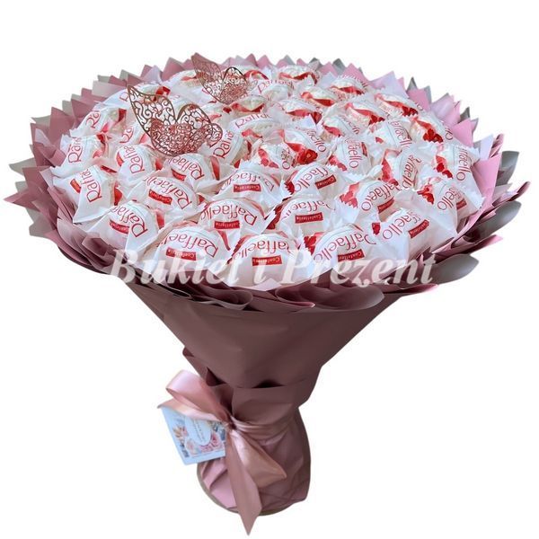 Słodki jadalny bukiet kolory r&oacute;żowy puder z cukierkami Raffaello. Prezent Komunia (średnica 30 cm) bgs004 zdjęcie