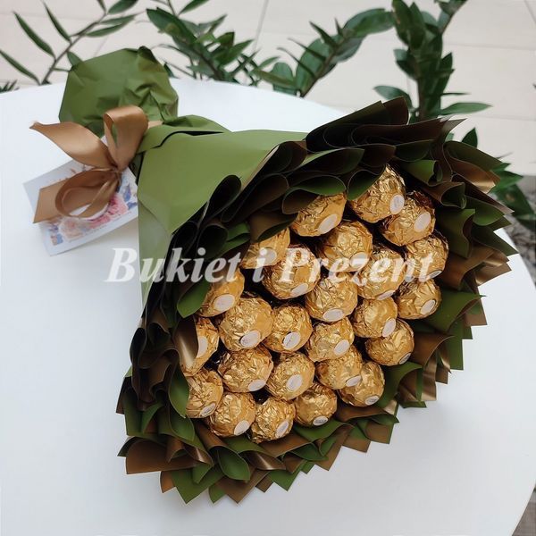 Prezent na 25 Rocznicę Ślubu, Urodziny, Imeniny. Słodki bukiet zielony i złoty ze słodyczy Ferrero Rocher (25 szt) bgs013 zielony i złoty zdjęcie