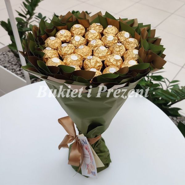 Prezent na 25 Rocznicę Ślubu, Urodziny, Imeniny. Słodki bukiet zielony i złoty ze słodyczy Ferrero Rocher (25 szt) bgs013 zielony i złoty zdjęcie