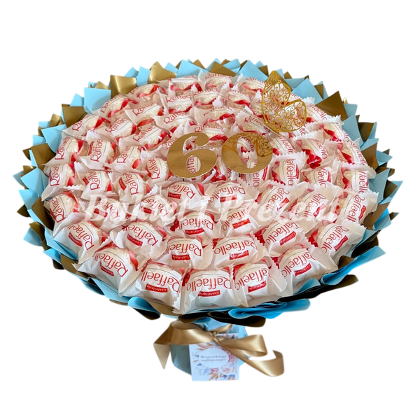 Prezent na 60 Urodziny lub Rocznicę Ślubu, Imeniny, Ślub, Wesele, Emerytura. Słodki bukiet ze słodyczy Raffaello (60 szt) bgs026 niebieski F33 zdjęcie