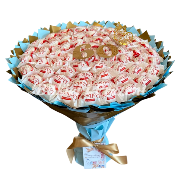 Prezent na 60 Urodziny lub Rocznicę Ślubu, Imeniny, Ślub, Wesele, Emerytura. Słodki bukiet ze słodyczy Raffaello (60 szt) bgs026 niebieski F33 zdjęcie