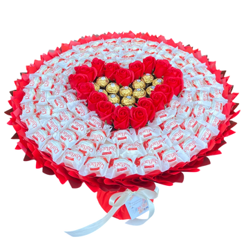 Słodki DUŻY MEGA BUKIET na prezent z cukierkami Raffaello, Ferrero Rocher i r&oacute;żami mydlanymi w kształcie serca (Średnica 50 cm) bgs016 zdjęcie