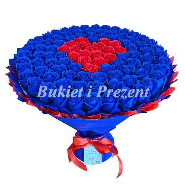 BUKIET 101 GRANATOWYCH R&Oacute;Ż MYDLANYCH Z CZERWONYM SERCEM DLA DZIEWCZYNY KOBIETY DUŻY MEGA PREZENT NA URODZINY ROCZNICĘ ŚLUBU PREMIUM Z DOSTAWĄ FLOWER BOX mydlany kwiaty mydlane r&oacute;że bg010 granatowy i czerwone serce zdjęcie