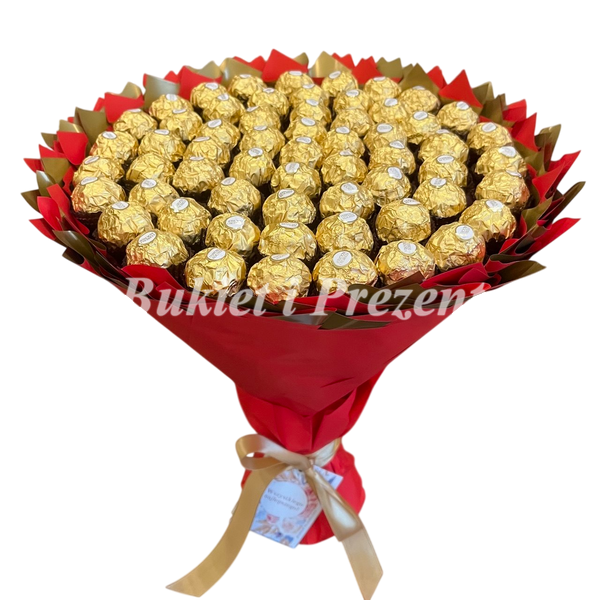 Zestaw prezentowy &ndash; bukiet ze słodyczy Ferrero Rocher 60 szt, czerwono-złoty bgs054 (60 szt / f30) czerwony i złoty zdjęcie